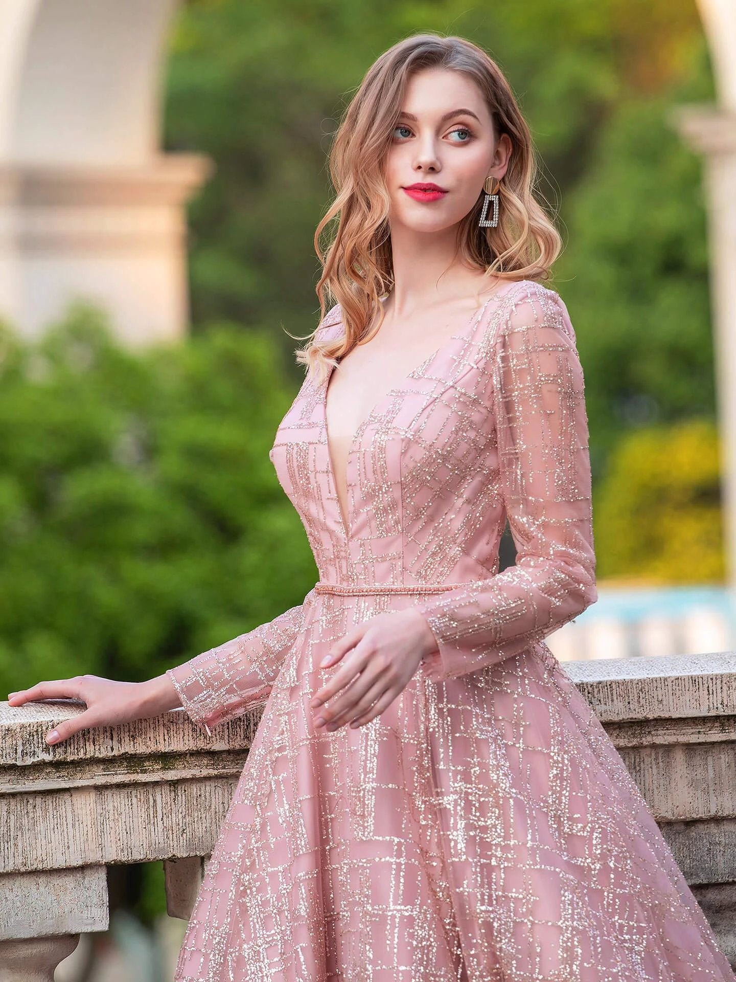 A-line Luxurious Fashion V-neck Formal Evening Dresses Long Sleeve Floor Length Prom Dresses by dressblee