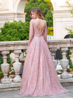 A-line Luxurious Fashion V-neck Formal Evening Dresses Long Sleeve Floor Length Prom Dresses by dressblee