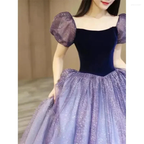 Purple Tulle Short Sleeve Formal Dress Cute A-Line Evening Dress Y4291 by simplepromdress