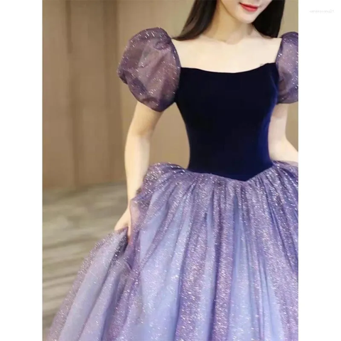 Vestido formal de tul morado de manga corta, bonito vestido de noche de corte A Y4291