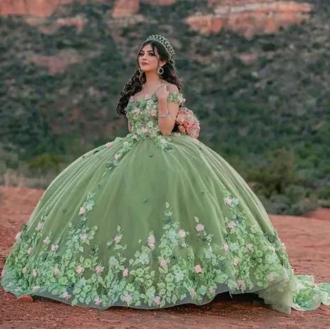 Light Sage Green Quinceanera Dresses Sweet 16 Pageant Floral Ball Gown Y2063 by simplepromdress