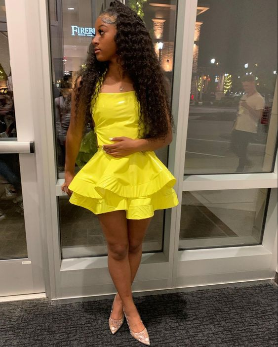 A-line Yellow Satin Short Homecoming Dress 8th Grade Prom Y497 Hover Image