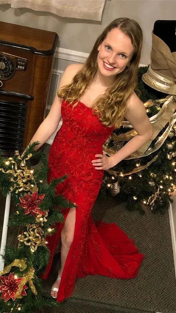 Strapless Red Lace Tulle Prom Dress,Elegant Red Evening Dress Y1731 by simplepromdress