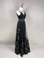 Gorgeous Black Tulle Gold Silk Feathers A Line Prom Dress Formal Evening Dress Y8652 by simplepromdress