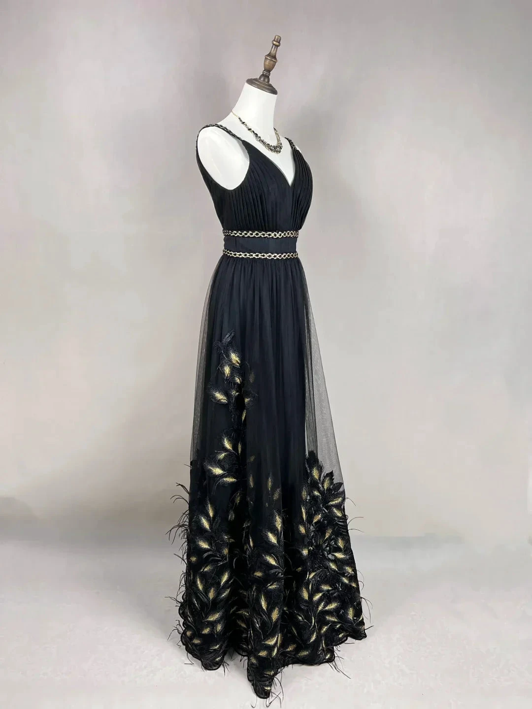 Gorgeous Black Tulle Gold Silk Feathers A Line Prom Dress Formal Evening Dress Y8652 by simplepromdress