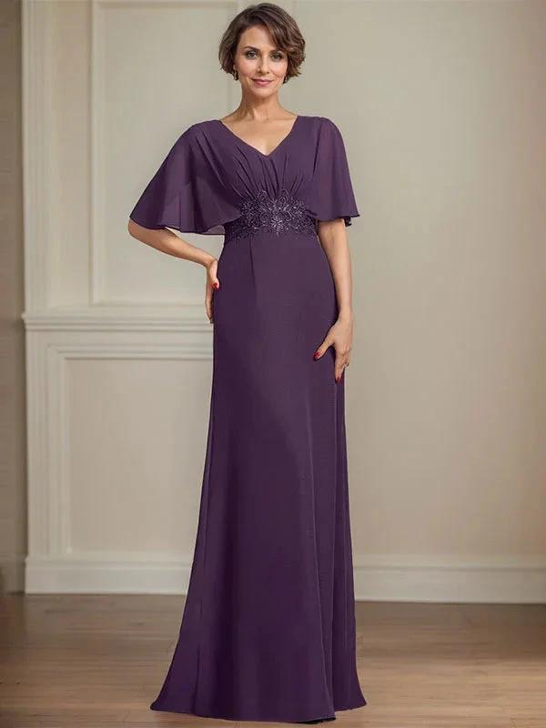 A-line V-Neck Floor-Length Chiffon Mother of the Bride Dress With Pleated Sequins Appliques Lace by Dreamylily
