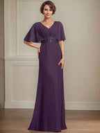 A-line V-Neck Floor-Length Chiffon Mother of the Bride Dress With Pleated Sequins Appliques Lace by Dreamylily