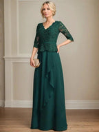 A-line V-Neck Floor-Length Lace Chiffon Mother of the Bride Dress With Cascading Ruffles Sequins by Dreamylily