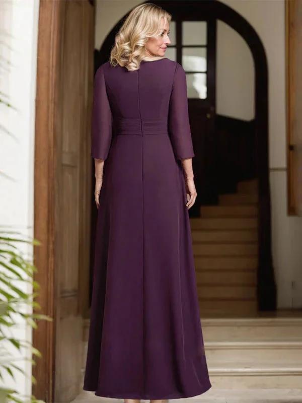 A-line V-Neck Floor-Length Chiffon Mother of the Bride Dress With Pleated Beading by Dreamylily