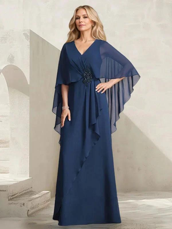 A-line V-Neck Floor-Length Chiffon Mother of the Bride Dress With Cascading Ruffles Beading by Dreamylily