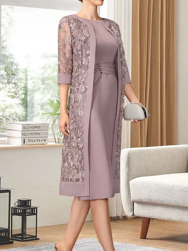 Vestido de gasa para madre de la novia con escote redondo hasta la rodilla, corte tubo/columna y lentejuelas plisadas