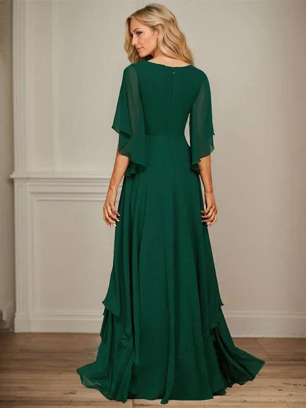 A-line V-Neck Floor-Length Chiffon Mother of the Bride Dress With Sequins Appliques Lace Beading by Dreamylily