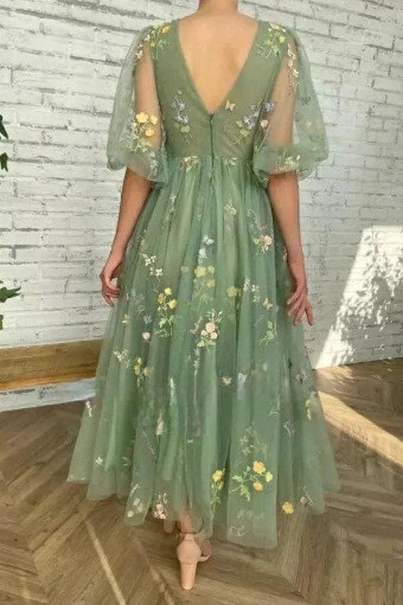 Green V Neck Short Sleeves Ankle Length Floral Tulle Short Prom Dresses by Ombreprom