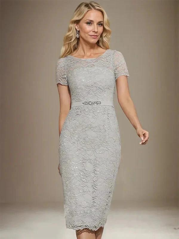 Sheath/Column Scoop Knee-Length Chiffon Lace Mother of the Bride Dress With Beading by Dreamylily