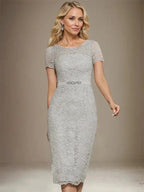 Sheath/Column Scoop Knee-Length Chiffon Lace Mother of the Bride Dress With Beading by Dreamylily