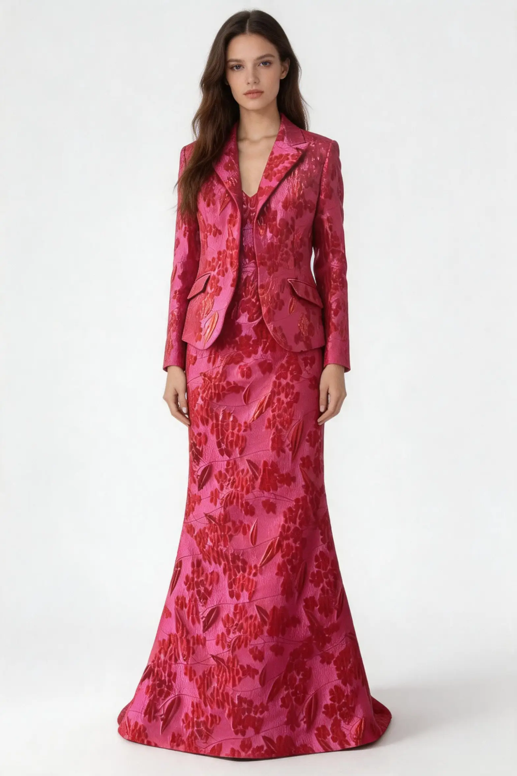 Elegant Crimson Floral Jacquard Two‑Piece Evening Gown with Tailored Jacket by simplepromdress