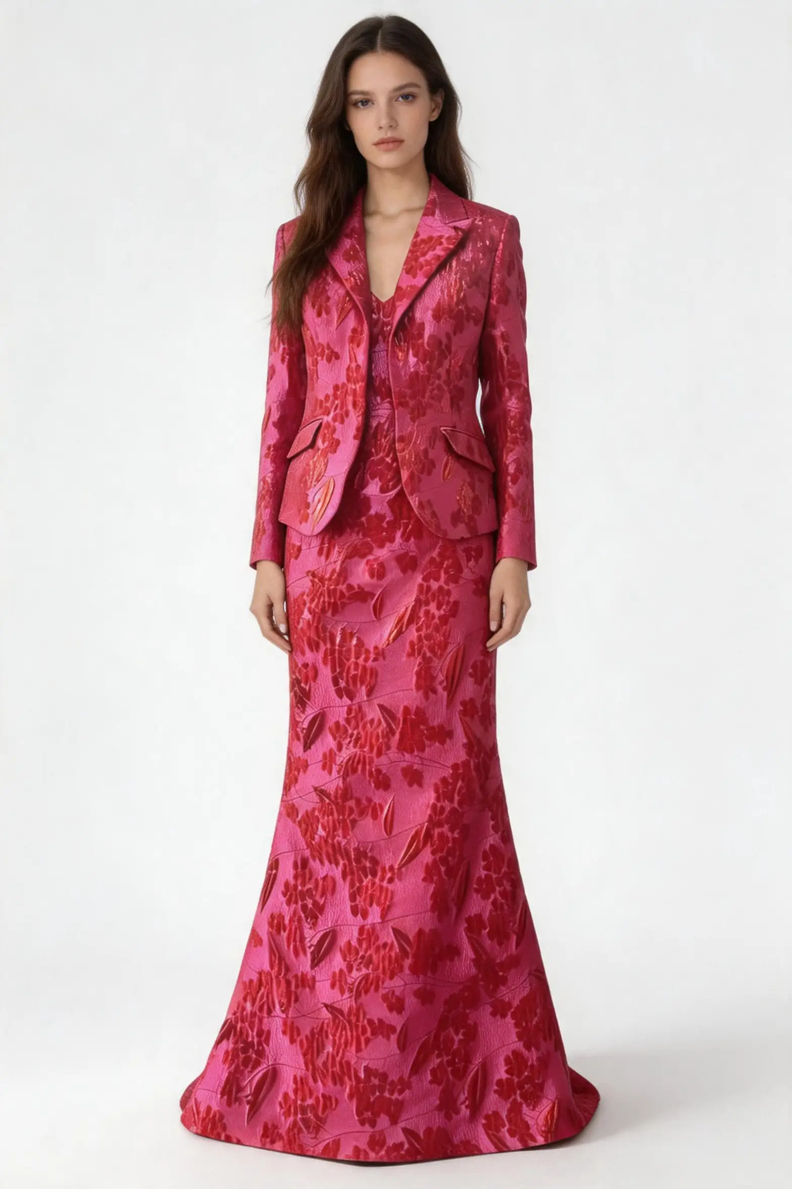 Elegant Crimson Floral Jacquard Two‑Piece Evening Gown with Tailored Jacket by simplepromdress