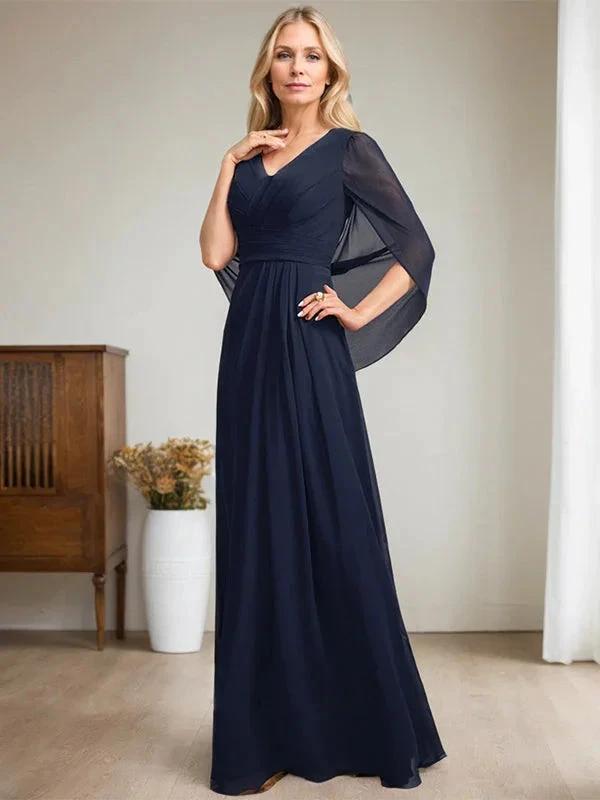 Dark Navy A-Line V-Neck Long Mother of Bride Dress by Dreamylily