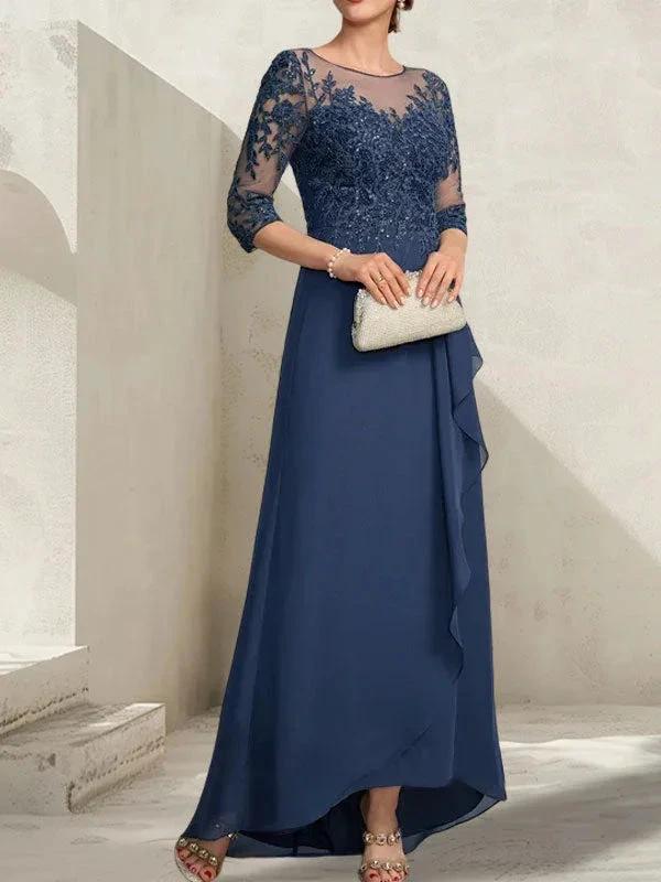A-line Scoop Illusion Asymmetrical Lace Chiffon Mother of the Bride Dress With Sequins Cascading Ruffles by Dreamylily