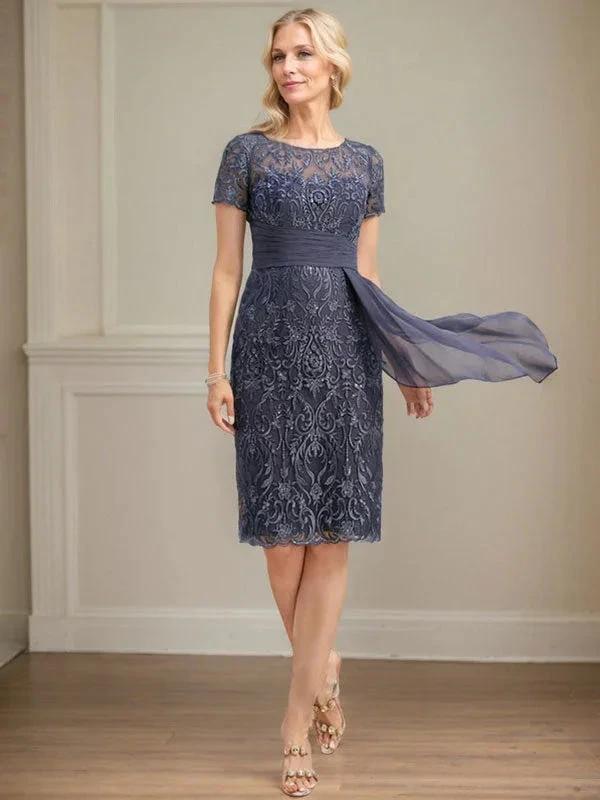Sheath/Column Scoop Illusion Knee-Length Lace Chiffon Mother of the Bride Dress With Cascading Ruffles Sequins by Dreamylily