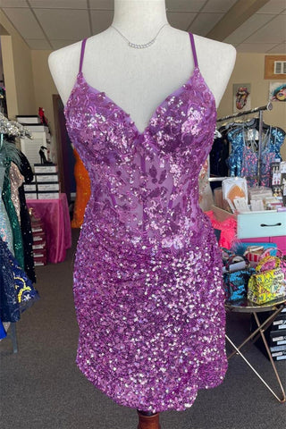 Sparkle Appliques Sequin Lilac Homecoming Lace-up Dress