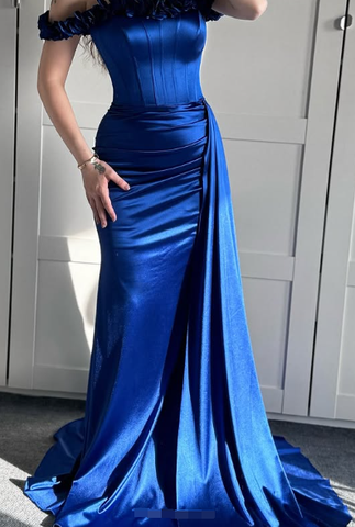 Vestido de noche azul de corte sirena con hombros descubiertos, vestido formal de fiesta Y7842