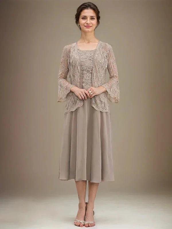 A-line Scoop Tea-Length Lace Chiffon Mother of the Bride Dress With Sequins by Dreamylily