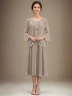 A-line Scoop Tea-Length Lace Chiffon Mother of the Bride Dress With Sequins by Dreamylily