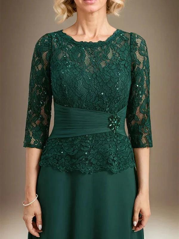 A-line Scoop Illusion Floor-Length Chiffon Lace Mother of the Bride Dress With Pleated Sequins Beading by Dreamylily