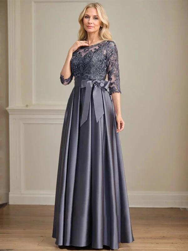 A-line Scoop Illusion Floor-Length Satin Lace Mother of the Bride Dress With Sequins Bow by Dreamylily