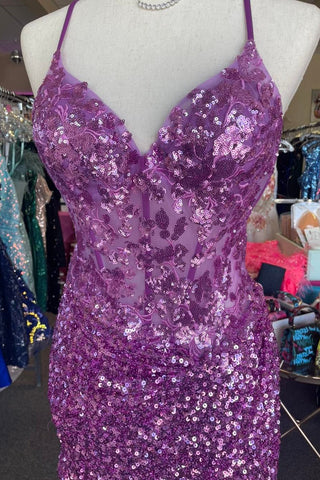 Sparkle Appliques Sequin Lilac Homecoming Lace-up Dress