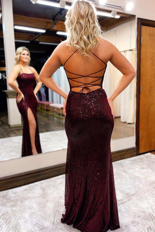 Burgundy Sequin Lace-Up Back Long Prom Dress with Slit Main Image
