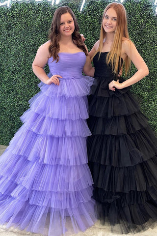 Daleyza | Vestido de fiesta de tul escalonado, sin tirantes y con volantes, corte A