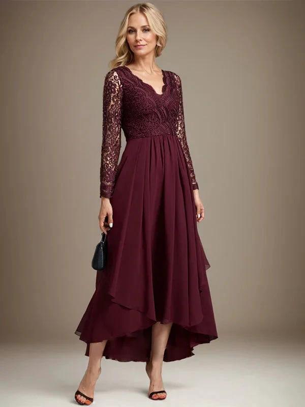 A-line V-Neck Asymmetrical Lace Chiffon Mother of the Bride Dress by Dreamylily
