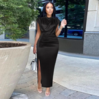Woman modeling elegant black sleeveless maxi dress with side slit outdoors, ZAPDRESS fashion