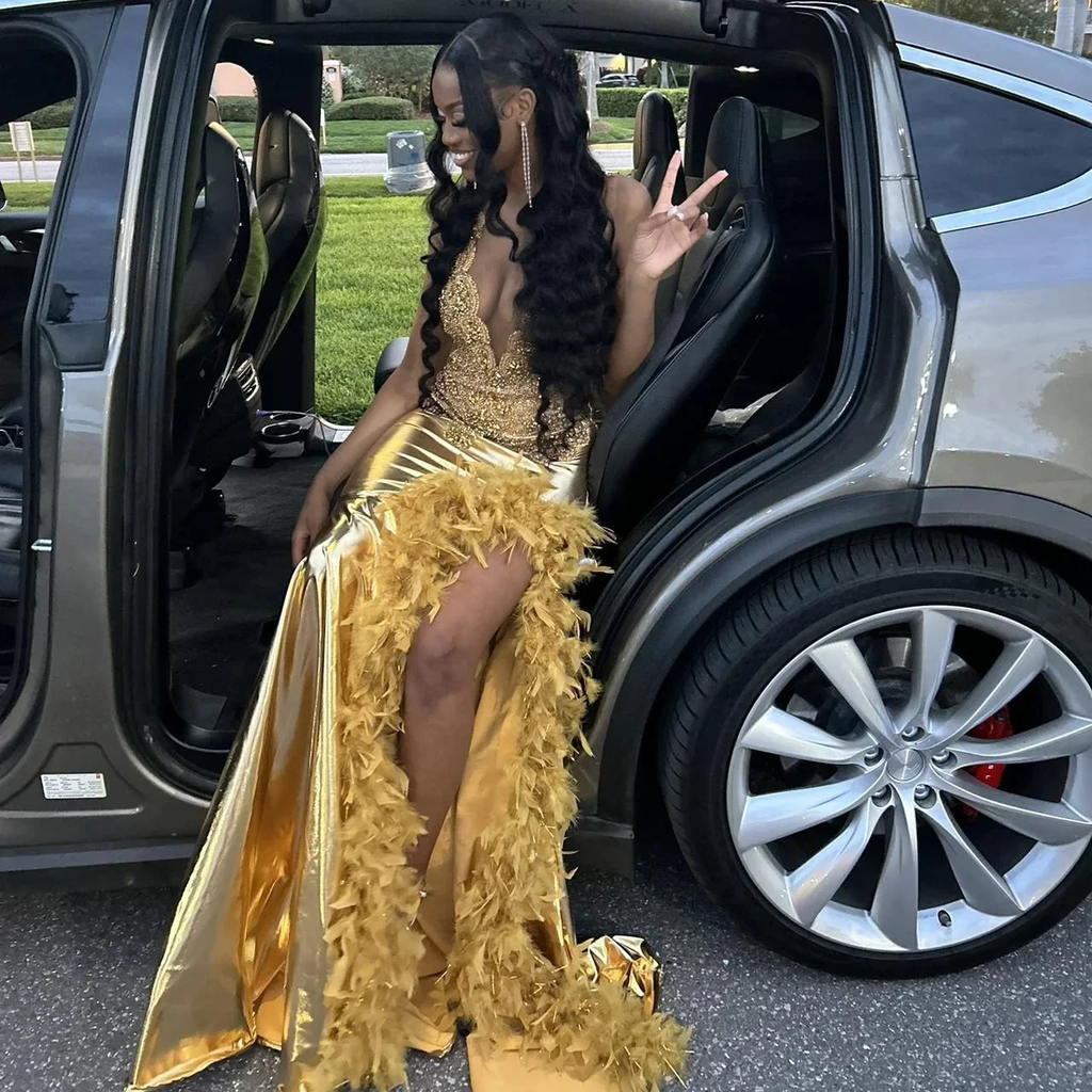 Luxurious Satin Beaded Feathers Evening Gown Long Slit Prom Dress Y7948 by simplepromdress