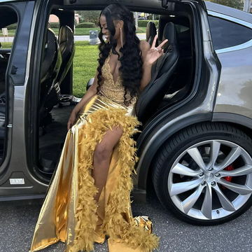 Luxurious Satin Beaded Feathers Evening Gown Long Slit Prom Dress Y7948 by simplepromdress