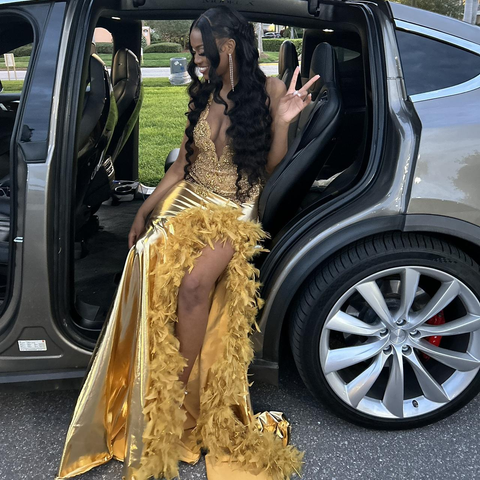 Luxurious Satin Beaded Feathers Evening Gown Long Slit Prom Dress Y7948