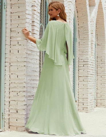Sunnderly  Bridesmaid Dress Women Long Sleeve V-Neck Chiffon Formal Wedding Party Dress SY28018