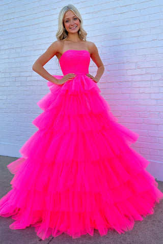 Daleyza | Vestido de fiesta de tul escalonado, sin tirantes y con volantes, corte A