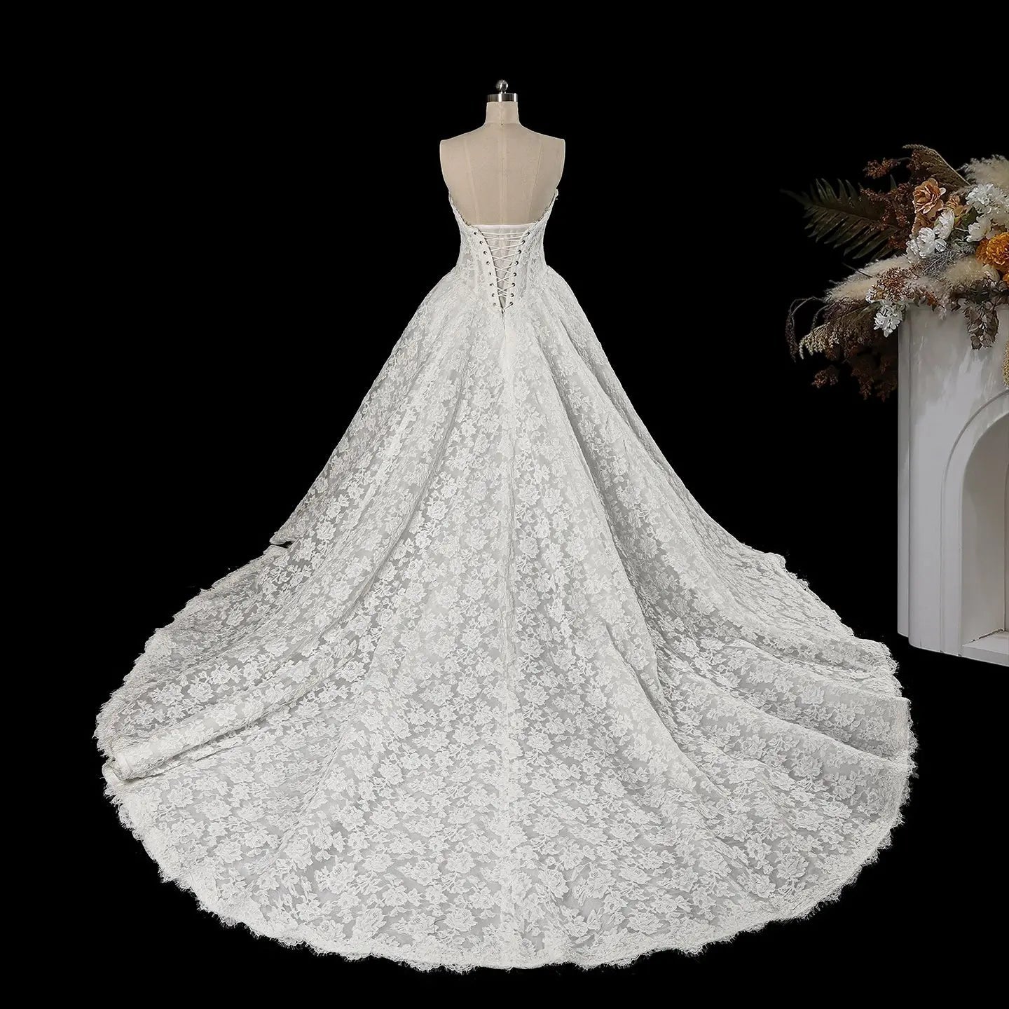 White Floral Lace Strapless Bridal Gown Sweetheart Neckline Front Button Ball Gown SW742