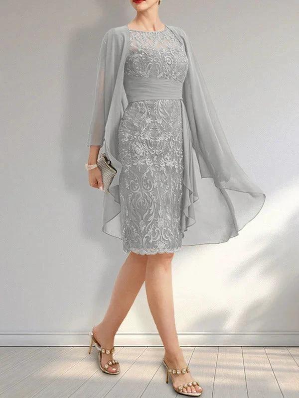 Sheath Scoop Illusion Knee-Length Lace Chiffon Mother of the Bride Dress With Cascading Ruffles Sequins by Dreamylily