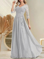 A-line V-Neck Floor-Length Lace Chiffon Mother of the Bride Dress With Sequins by Dreamylily