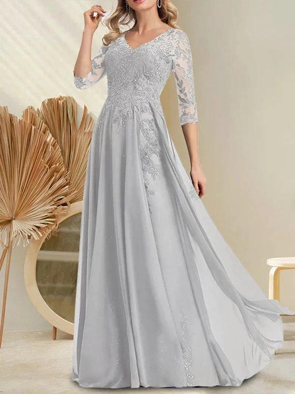 A-line V-Neck Floor-Length Lace Chiffon Mother of the Bride Dress With Sequins by Dreamylily