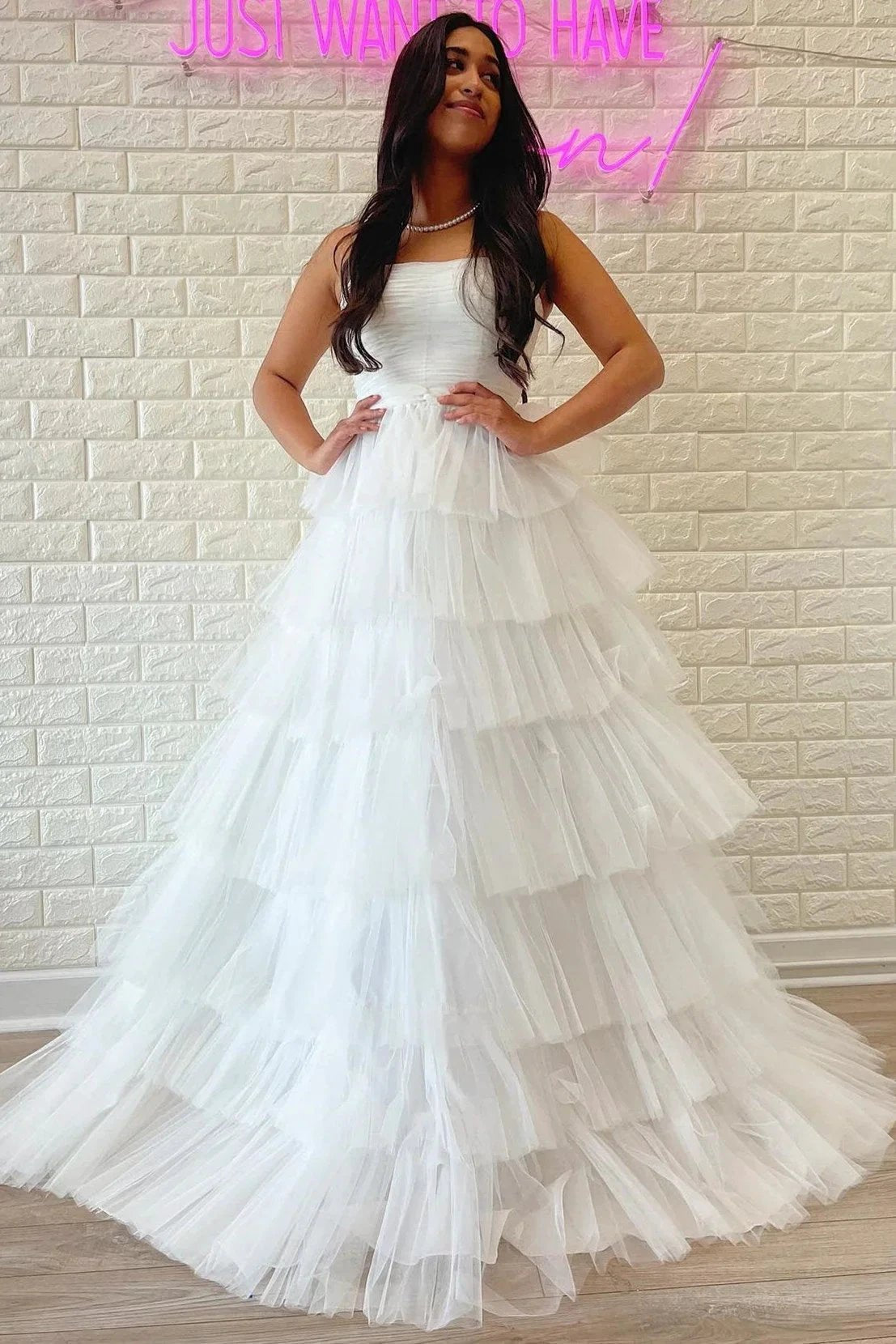 Daleyza |A-Line Strapless Tiered Tulle Prom Dress with Ruffles by KissProm