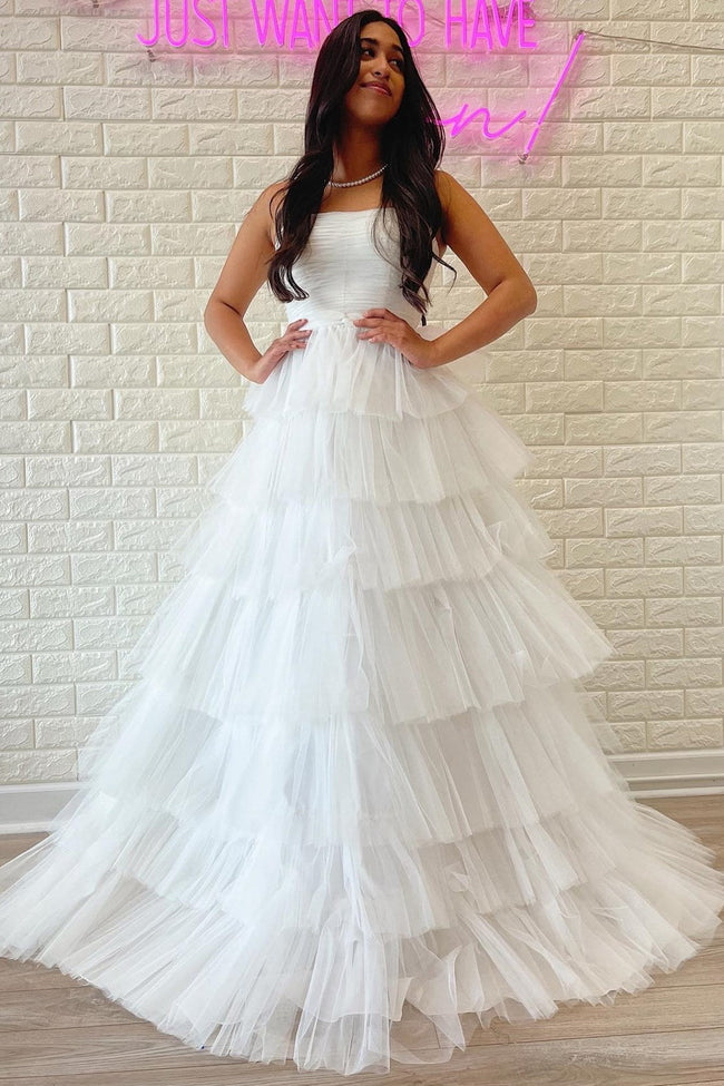 Daleyza |A-Line Strapless Tiered Tulle Prom Dress with Ruffles Hover Image