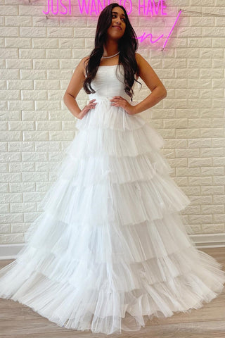Daleyza | Vestido de fiesta de tul escalonado, sin tirantes y con volantes, corte A