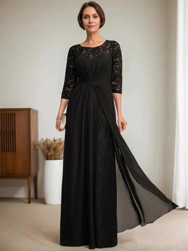 A-Line Scoop Illusion Floor-Length Lace Chiffon Mother Of the Bride Dress With Beading Ruffles by Dreamylily