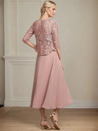 A-line Square Tea-Length Chiffon Lace Mother of the Bride Dress With Sequins Beading by Dreamylily