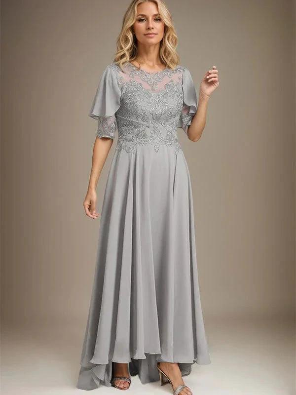 A-line Scoop Illusion Asymmetrical Chiffon Lace Mother of the Bride Dress With Beading by Dreamylily